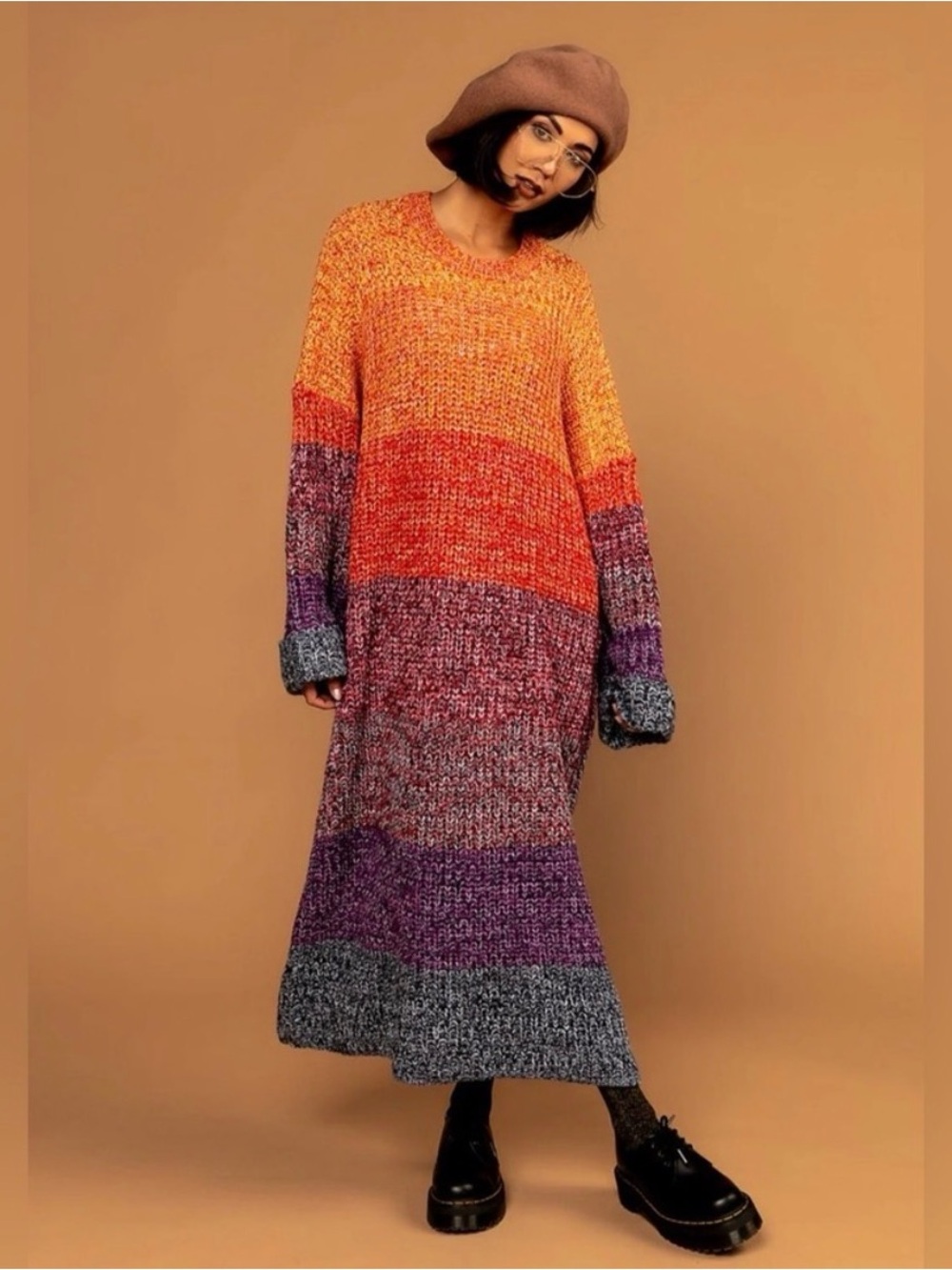 Dressed in LALA Orange-Red-Purple Gradient Knit Maxi Dress